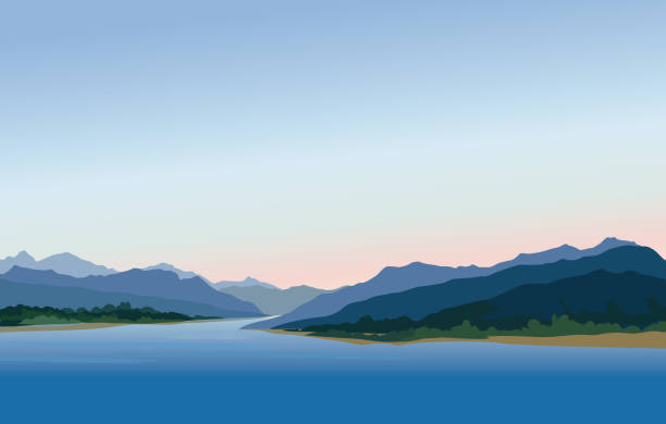 Mountain and hills landscape. Rural skyline. Lake view. Lagoon r Mountain and hills landscape. Rural skyline. Lake view. Lagoon resort in the evening panoramic illustrations stock illustrations