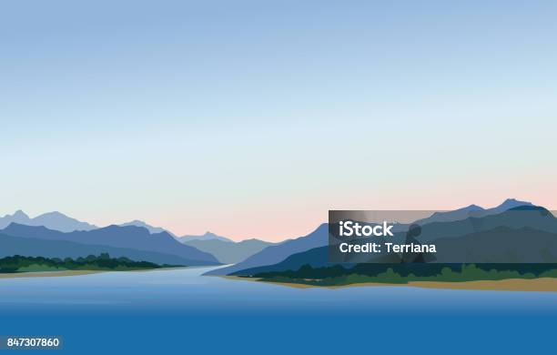 Mountain And Hills Landscape Rural Skyline Lake View Lagoon R Stock Illustration - Download Image Now