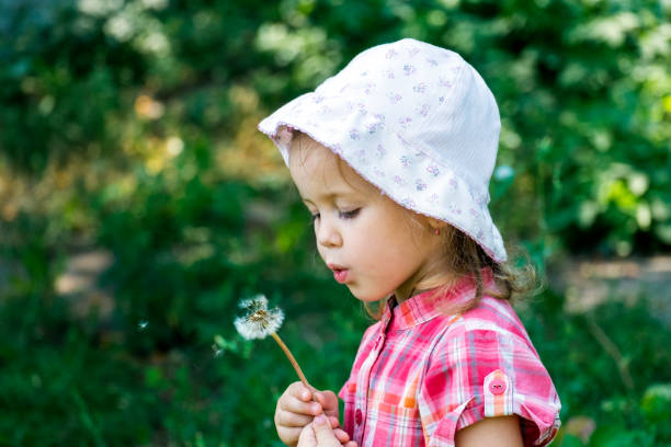istock Little girl in a hat blowing a dandelion 847311866