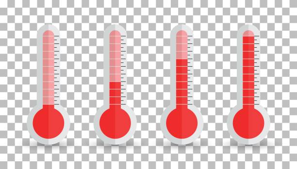 ilustrações, clipart, desenhos animados e ícones de ícone de termômetros com níveis diferentes. ilustração em vetor plana sobre fundo isolado. - barometer heat thermometer sun