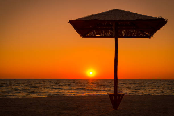 istock umbrella on the beach against sunset 847322166