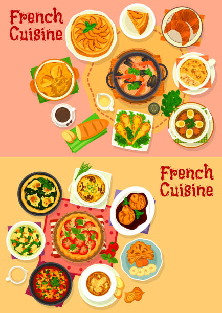 French national cuisine healthy dishes French national cuisine dishes and salads. Vegetable stew ratatouille, pear in wine sauce, tomato, spinach and apple pie, onion cheese soup, croissant, baguette, mushroom casserole, frog legs apple pie cheese stock illustrations