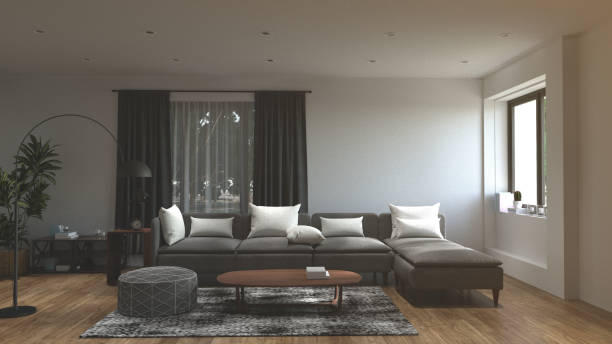 istock Interior armchairs and sofa ornamental plants on empty wall background,3D rendering living room designed 847330252
