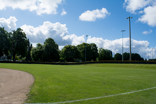 The outfield of one of Woodland Park's many public baseball fields.