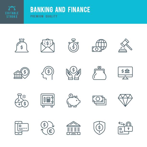 ilustrações de stock, clip art, desenhos animados e ícones de banking and finance  - thin line icon set - ações de bolsa