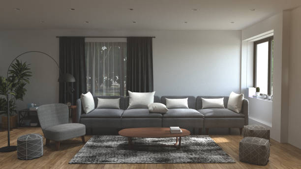 istock Interior armchairs and sofa ornamental plants on empty wall background,3D rendering living room designed 847330522