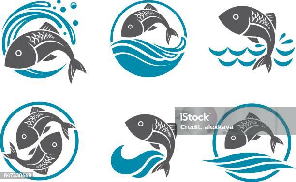 Set Di Icone Fish - Immagini vettoriali stock e altre immagini di Pesce - Pesce, Icona, Saltare