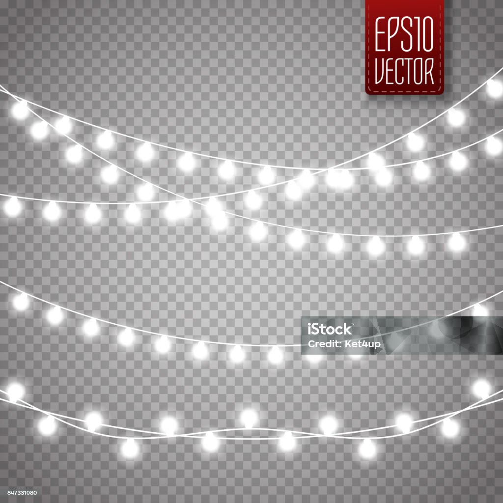 Luces de Navidad aisladas en fondo transparente. Guirnalda que brilla intensamente de Navidad Vector - arte vectorial de Blanco - Color libre de derechos