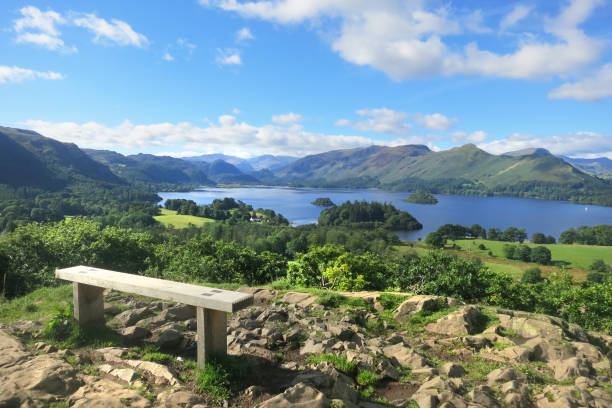 Seat with a view over Lake A bench with a stunning view over Derwent Water in the English Lake District derwent water stock pictures, royalty-free photos & images