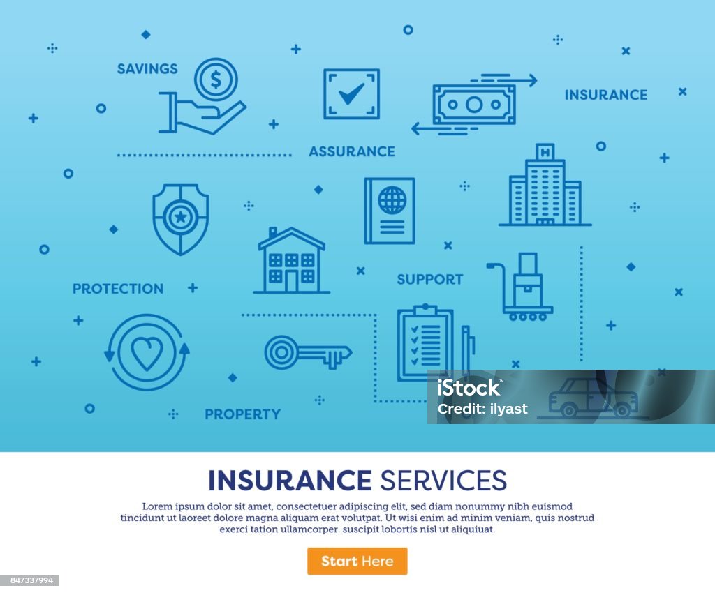Insurance Services Concept Line vector illustration of insurance services. Banner/Header Icons. Claim Form stock vector