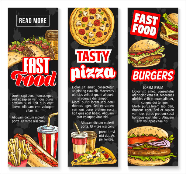 ilustraciones, imágenes clip art, dibujos animados e iconos de stock de almuerzo de comida rápida con las banderas de la bebida - hamburger refreshment hot dog bun