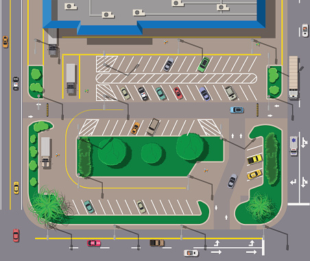 Big shopping center or mall and parking for cars. City parking lot with different cars. Tree area. Parking zone top view with various vehicles. City life. Vector illustration in flat style