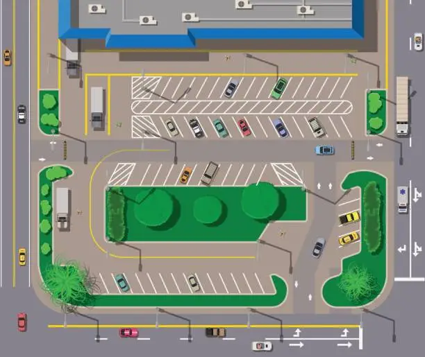 Vector illustration of Big shopping center or mall and parking for cars.