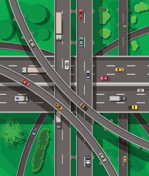 ilustrações de stock, clip art, desenhos animados e ícones de modern roads and transport. top view. - traffic roundabout