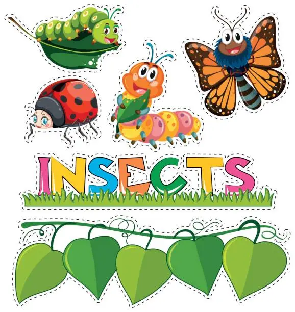 Vector illustration of Sticker set with different insects in garden