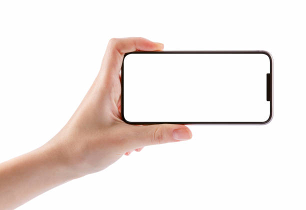 Young girl hands holding black smart phone isolated on white