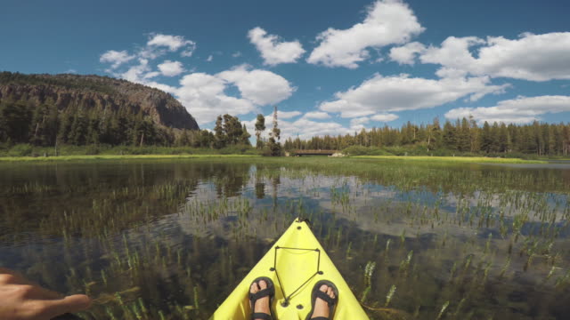 POV of a man kayaking in a calm lake