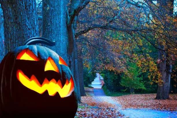 Photo of Jack O' Lantern With Autumn Neighborhood In Background