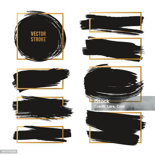 Vector Strokes Abstract Backhground Set Black And Gold Ink Paints Stock Illustration - Download Image Now