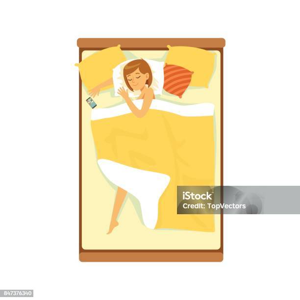 Beautiful Woman Sleeping In Her Bed Relaxing Person Vector Illustration Stock Illustration - Download Image Now