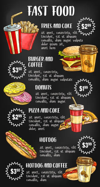 illustrazioni stock, clip art, cartoni animati e icone di tendenza di menu fast food su design lavagna - coffee donut old fashioned snack