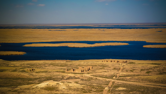 Landscape of Sudochye lake aka part of former Aral sea at Urga fishing village at Karakalpakstan, Uzbekistan