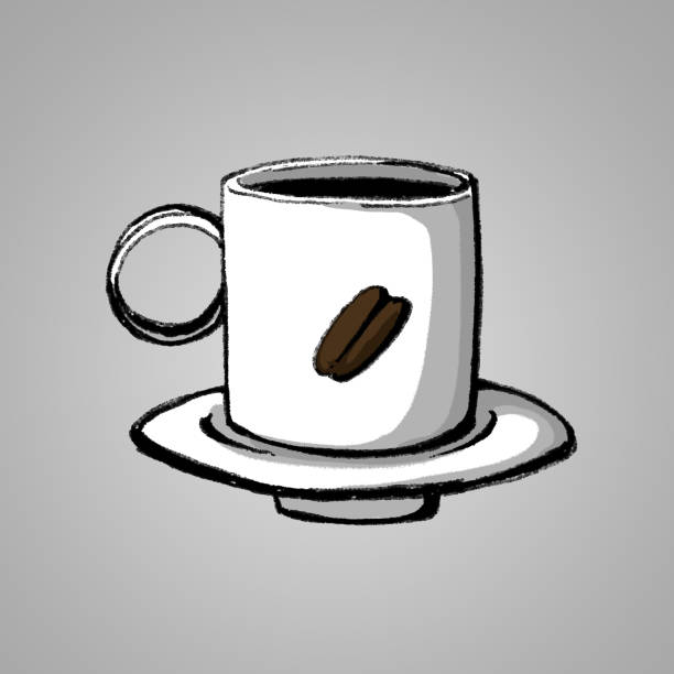 Expressed A small cup of espresso in a cup with a coffee bean on it. luxury coffee machine stock illustrations