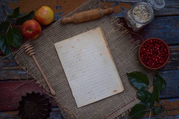 istock Composition of notepad, apples, cranberries, rolling pin, molds for muffins, oatmeal. Preparation for kneading dough, baking cookie or muffin. Space for text or recipe. 847416166