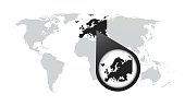 World map with zoom on Europe. Map in loupe. Vector illustration in flat style
