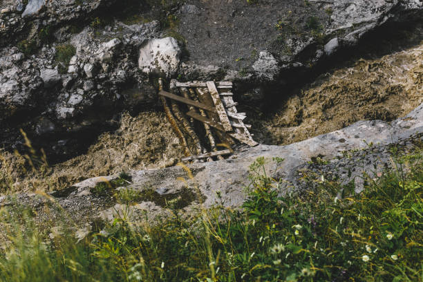 istock Old Wooden Bridge Over Mountain River In Summer, Top View 847422274