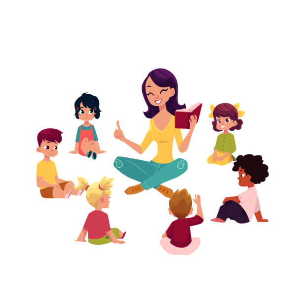 ilustrações de stock, clip art, desenhos animados e ícones de kindergarten kids listen to teacher reading a book - women white background caucasian isolated