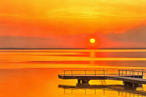 Colorful painting of sunset over water lake  summer landscape