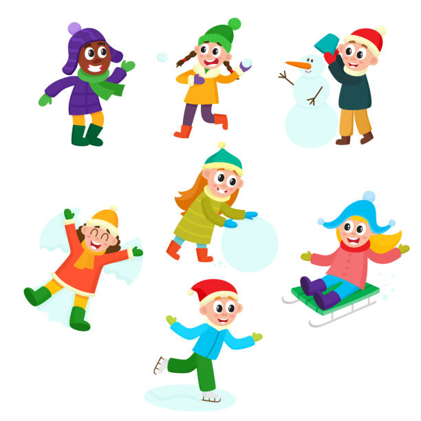 Set of kids, children doing winter activities Set of kids, children, boys and girls doing winter activities, having fun, cartoon vector illustration isolated on white background. Kid, children play snowballs, make snowman, ice skate, ride a sled snow angel african american stock illustrations