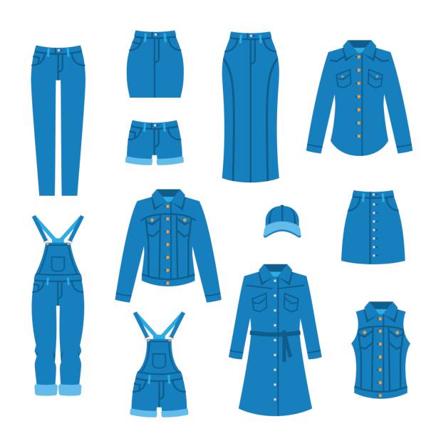 Denim clothes flat icons Denim clothes flat icons. Fashion style vector. Casual outfit for women. Female basic wardrobe elements. Blue jean garments for trendy look. Cotton clothing for modern girl. Isolated on white maxi length stock illustrations