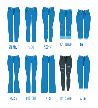 Women jeans styles collection. Denim fashion female pants. Trendy models of cotton trousers for modern girl. Flat vector icons. Clothing guide infographics