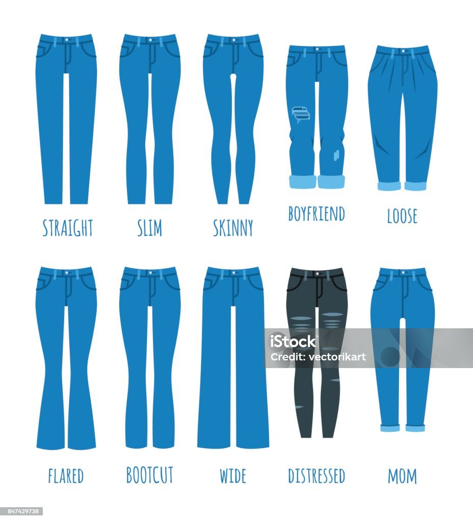 Women Jeans Styles Collection Stock Illustration - Download Now - Jeans, Women - iStock