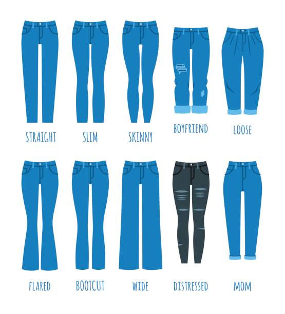 Women jeans styles collection Women jeans styles collection. Denim fashion female pants. Trendy models of cotton trousers for modern girl. Flat vector icons. Clothing guide infographics jeans stock illustrations