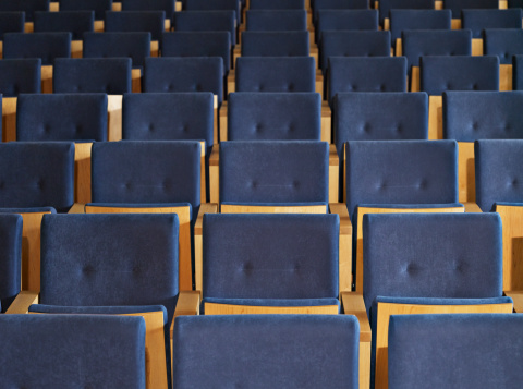 A row of empty chairs in the auditorium of the cinema.