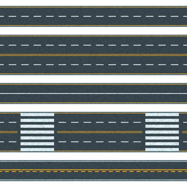 illustrazioni stock, clip art, cartoni animati e icone di tendenza di set di sfondo vettoriale senza soluzione di continuità. strade asfaltate dritte con diversi tipi di segnaletica stradale. - autobahn