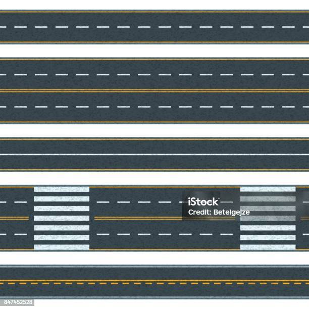 Set Of Seamless Vector Road Background Straight Asphalt Roads With Different Types Of Road Marking Stock Illustration - Download Image Now