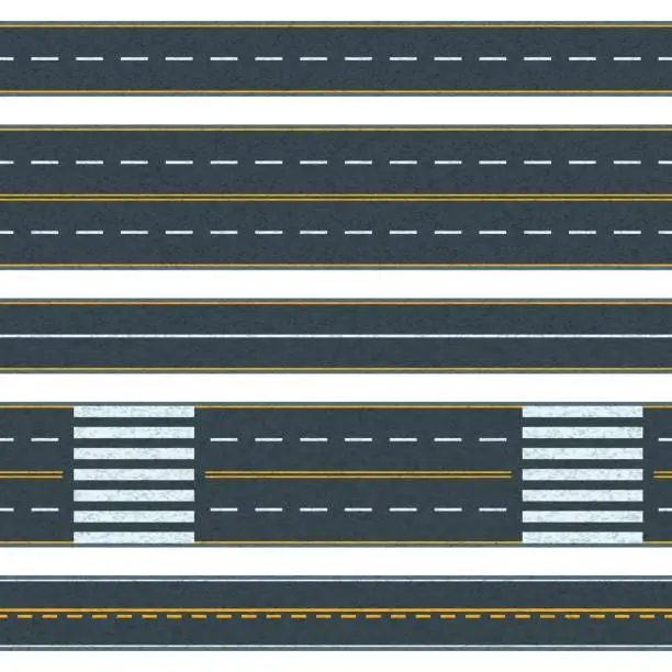 Vector illustration of Set of seamless vector road background. Straight asphalt roads with different types of road marking.