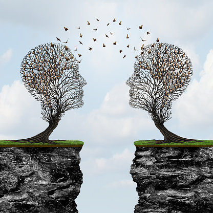 Communicating from distance as two trees shaped as a human head with birds in transit across cliffs as a business metaphor for commerce reach with 3D illustration elements.