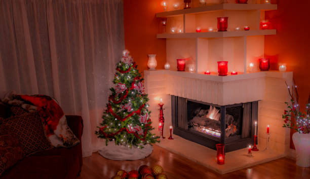 istock Christmas Tree with red and white striped ribbons with fireplace  (P) 847473650