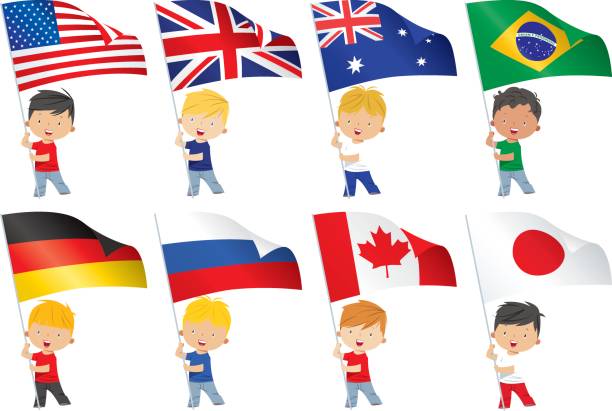 flagi świata i dzieci - american flag waving stock illustrations