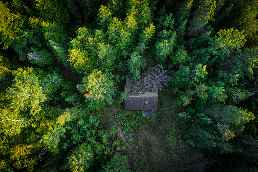 Abandoned hunting lodge aerial
