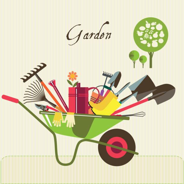 stockillustraties, clipart, cartoons en iconen met biologische landbouw. - tuin gereedschap