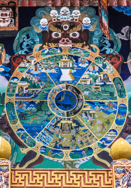 Tibetan Buddhist Wheel of Life mandala painted on wall in the Punakha Dzong stock photo