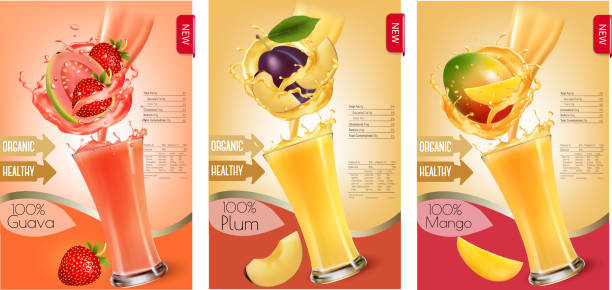zestaw etykiet owoców w rozpryskach soków. - healthy eating food and drink nutrition label food stock illustrations