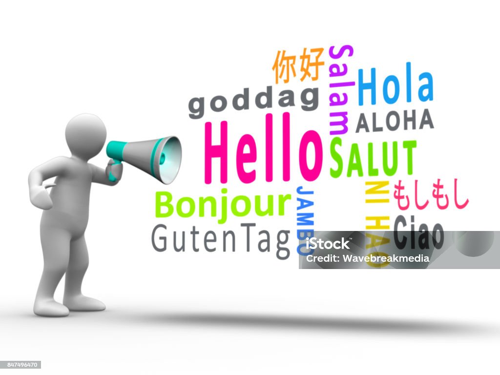 White figure revealing hello in different languages with a megaphone White figure revealing hello in different languages with a megaphone on white background Backgrounds Stock Photo