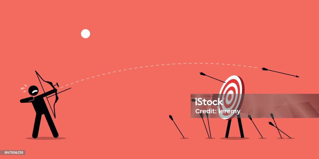 Failing to hit the target. Man desperately trying to shoot arrows with bow to hit the bullseye but failed miserably. Vector artwork depicts failure, inaccurate, missing, and lousy. Failure stock vector